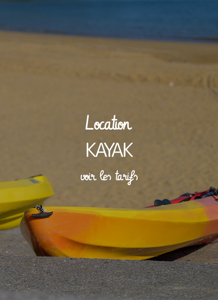 image de deux kayaks jaunes et rouges rigides loués et posés dans le sable